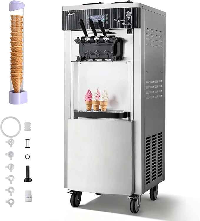 VEVOR Commercial Ice Cream Machine, 20-28L/H Yield, 2200W 3-Flavor Freestanding Soft Serve Ice Cream Maker with 2 x 6L Hoppers & Hopper Agitation, Pre-Cooling Self-Cleaning for Snack Dessert Shops