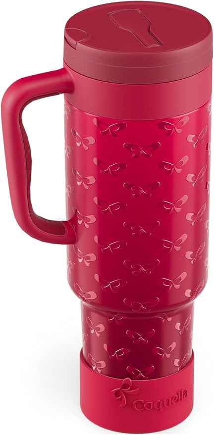 40 oz Insulated Tumbler with Handle and Push-Button Straw Lid, Stainless Steel Travel Cup for Gym Office, Leakproof, BPA-Free, Cup Holder Friendly, Bow Silicone Boot, Red (Coquette Cherry)