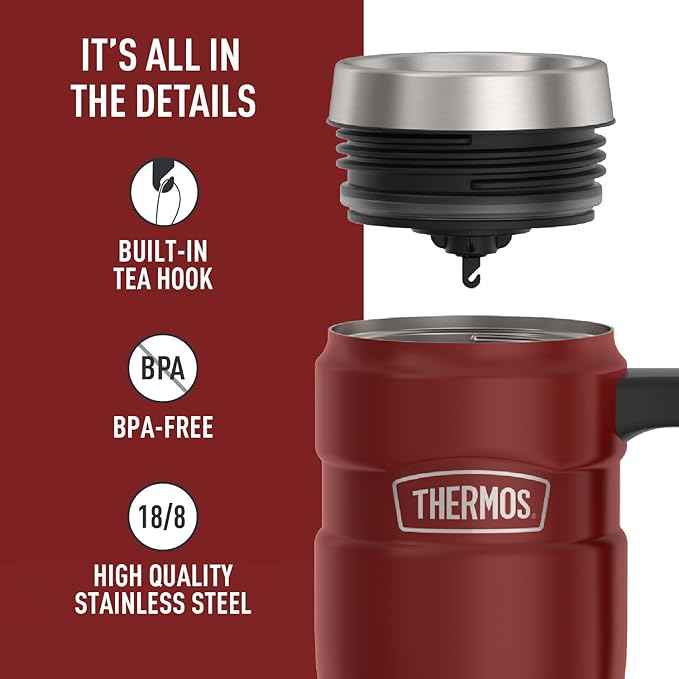 THERMOS Stainless King Vacuum-Insulated Travel Mug with Handle - 16oz, Rustic Red - Thermos Tumbler for Hot & Cold Drinks - Leak-Proof & Sweat-Proof Stainless Steel Coffee Mug with Lid for Commuting