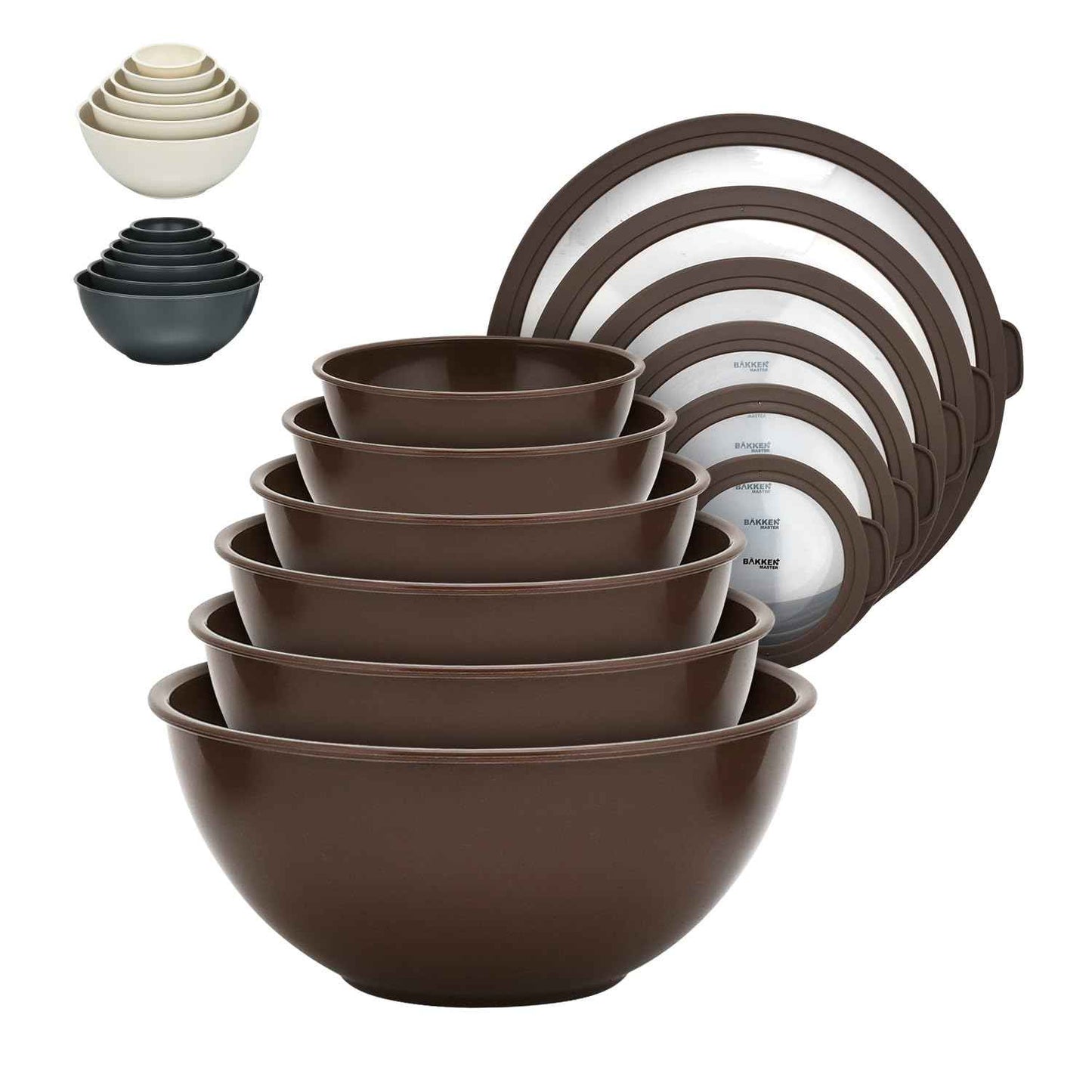Bakken Master 12 Piece Plastic Nesting Bowls with Lids - Mixing Bowls Set includes 6 Prep Bowls and 6 Lids, BPA-Free, Reusable Meal Prep Containers, Microwave, Freezer & Dishwasher Safe, Brown