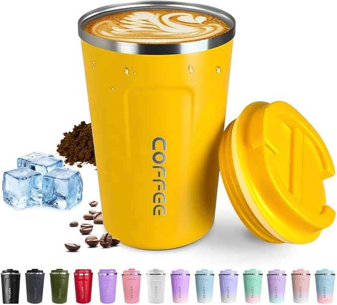 SPLMIFA Travel coffee mugs leak-proof, reusable coffee cup with lid, stainless steel vacuum insulated coffee tumblers, thermal insulation cups for men & women keep drinks hot & cold (2nd-Yellow, 12OZ)