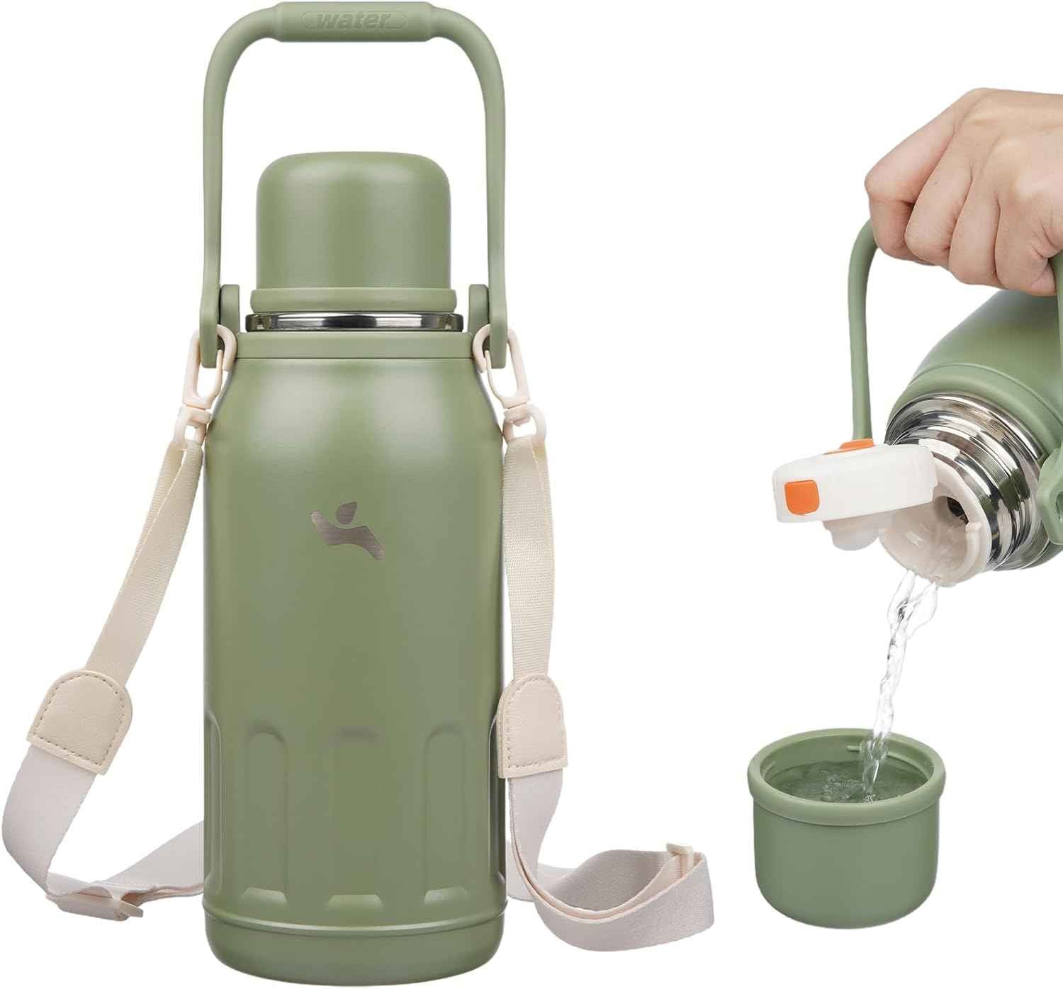 Insulated Water Bottle with Handle and Strap,Vacuum Travel Tumbler with Cup Lid,Thermo Coffee Cup for Hot Cold Drinks 40 OZ,Army Green