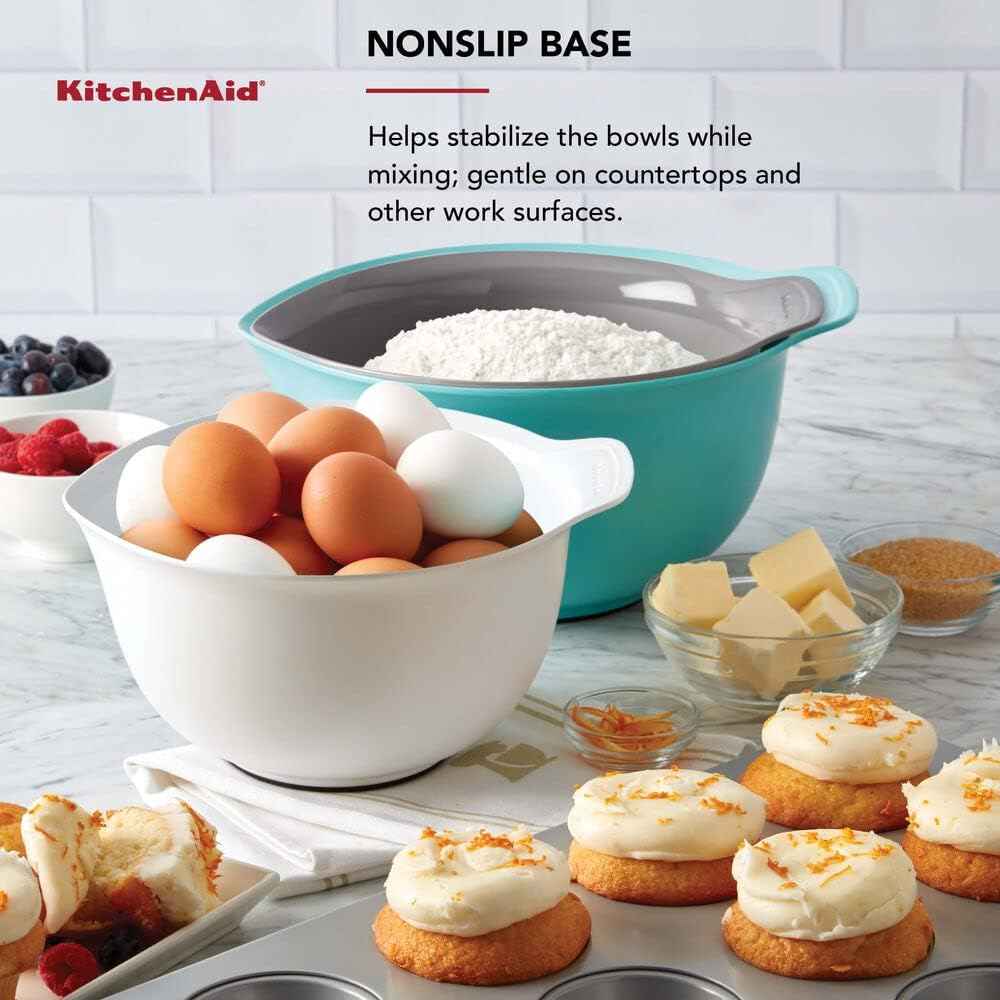 KitchenAid Universal Nesting Plastic Mixing Bowls, Set Of 3, 2.5 quart, 3.5 quart, 4.5 quart, Non Slip Base with Easy Pour Spout to Reduce Mess, Dishwasher Safe, Aqua Sky, White, Gray