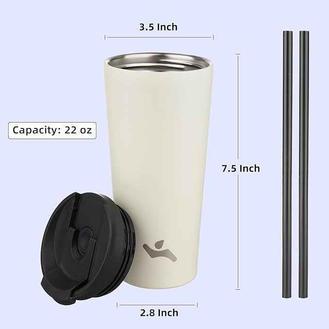 Konokyo 22 OZ Insulated Tumbler with Lid and 2 Straws Stainless Steel Water Bottle Vacuum Travel Mug Coffee Cup,Angel White
