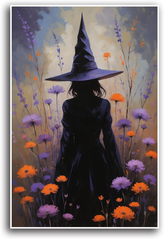 JFHCQJPK Country wildflower witch canvas print halloween mashup art witch purple decoration bohemian elegant art poster28x40in Frameless
