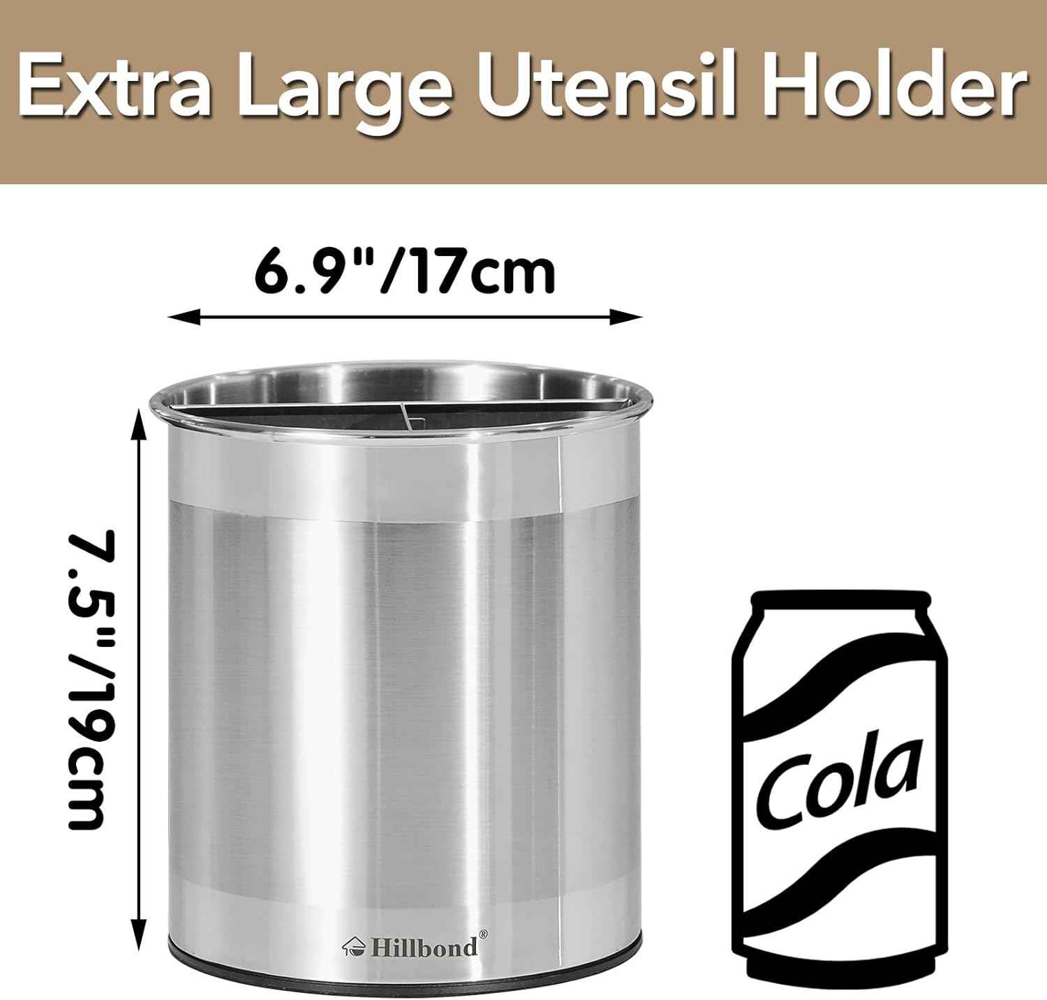 Hillbond 7.5x6.9 Inch EXTRA LARGE Utensil Holder for Countertop, Stainless Steel Rotating Organizer with Removable Divider, Space-Saving for Large Kitchen Utensils Set & Spacious Kitchens