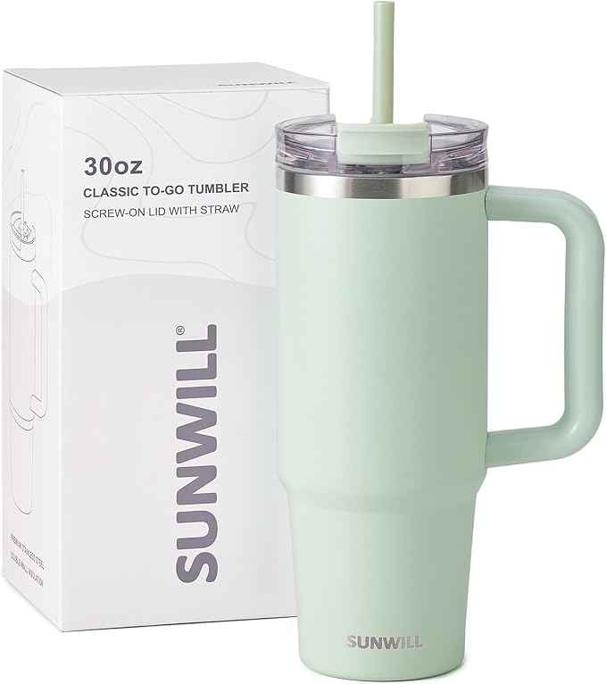SUNWILL Coffee Tumbler with Handle, 30 oz Travel Mug with Lid and Straw Insulated, Stainless Steel Cup Leak Proof for Travel & Outdoor, Cupholder Friendly, Powder Coated Matcha Cream