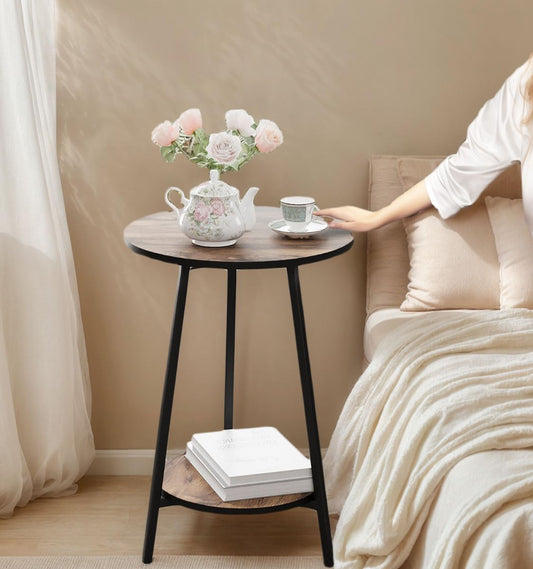Side Table - Round Accent End Tables - Vintage Wood Color Tables for Sofa Living Room Bedroom Bedside Coffee Small Spaces - Waterproof Metal Frame, Scratch-Resistant - Easy Assembly