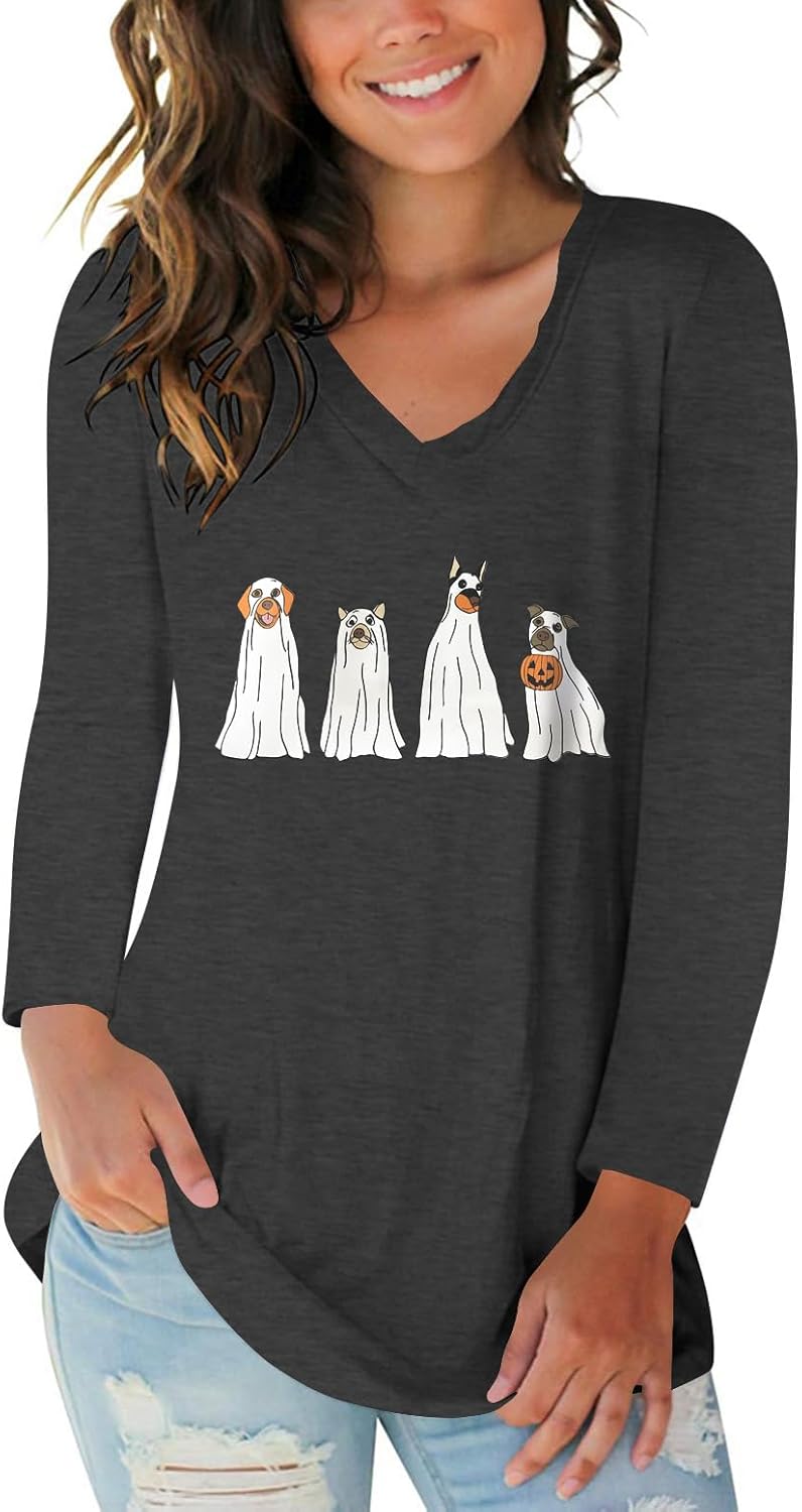 Tobrief Women's Long Sleeve V-Neck Shirts Fall Graphic Tees Loose Casual T-Shirt