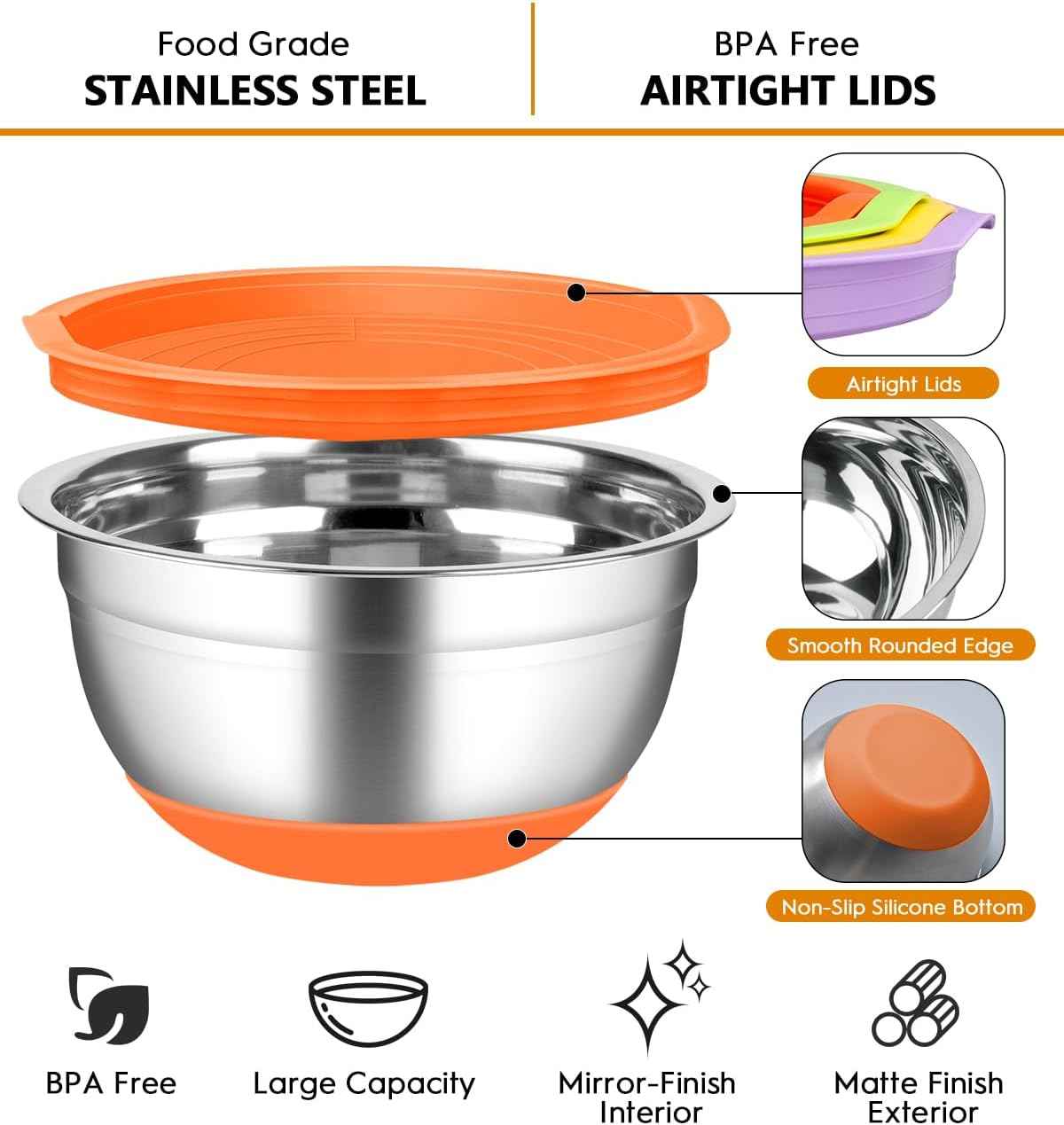 CHAREADA Mixing Bowls with Airtight Lids, 18pcs Stainless Steel Nesting Mixing Bowls Set Non-slip Silicone Bottom, Size 4.5, 3.6, 2.7, 2.1, 1.7, 1.1, 0.7 qt, Fit for Mixing & Serving(Colorful)