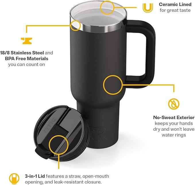 RTIC 40 oz Road Trip Tumbler Double-Walled Cermaic Lined Insulated Stainless Steel Portable Travel Coffee Mug Cup with Lid, Handle and Straw, Black