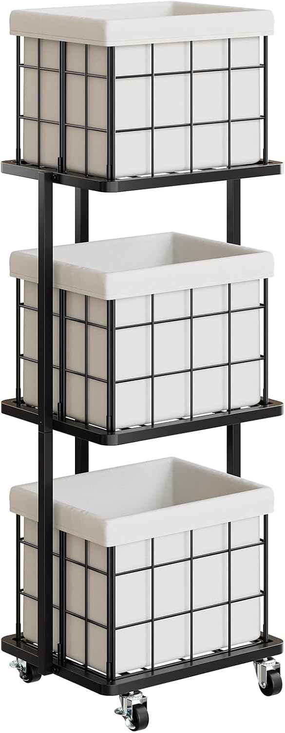 120L Vertical Rolling Laundry Hamper with Removable Bags, 3 Section Laundry Basket with Wheels, Slim Tall 3 Tier Laundry Sorter for Small Spaces, Dorm, Laundry Room, Bathroom, Closet, White
