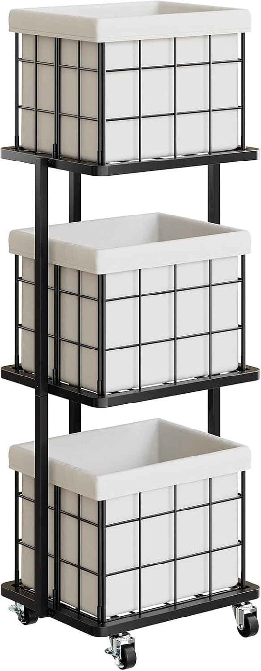 120L Vertical Rolling Laundry Hamper with Removable Bags, 3 Section Laundry Basket with Wheels, Slim Tall 3 Tier Laundry Sorter for Small Spaces, Dorm, Laundry Room, Bathroom, Closet, White