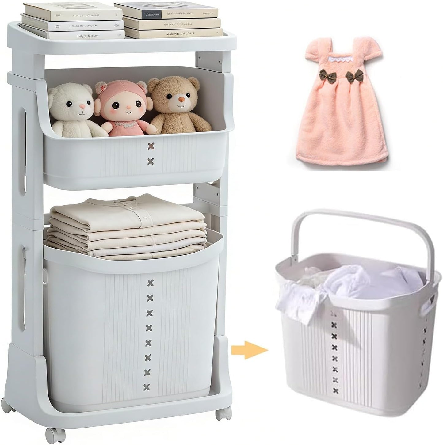 xixi-home 3-Tier Laundry Basket Organizer,Vertical Laundry Hamper Sorter with Wheels,Rolling Laundry Cart Dirty Clothes Hamper Removable Storage Basket for Dorm,Closet,Bathroom,Kitchen-White