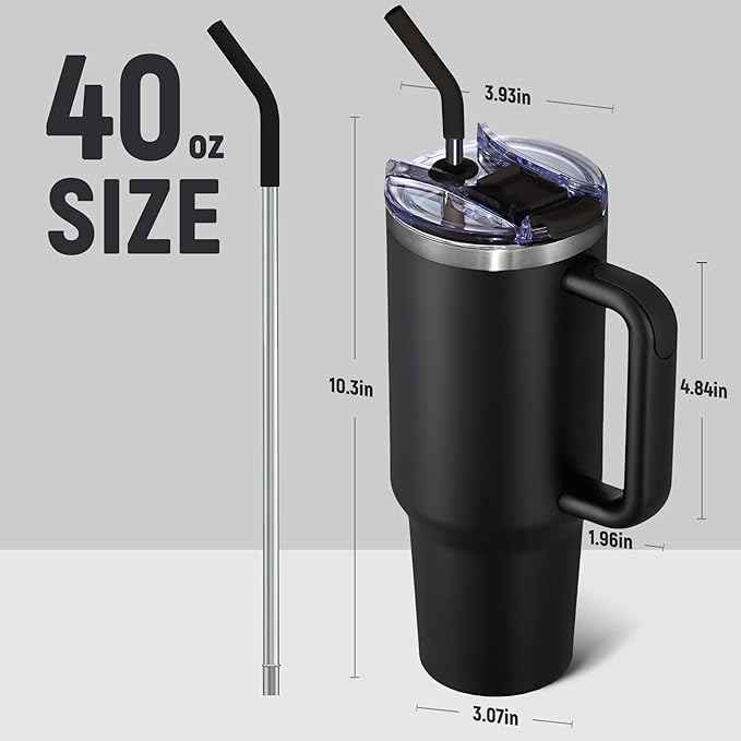 COKTIK 40 oz Tumbler With Handle and Straw, Insulated Tumbler With Leakproof Lids, Stainless Steel|BPA-Free, Cold for 24 H (Black)