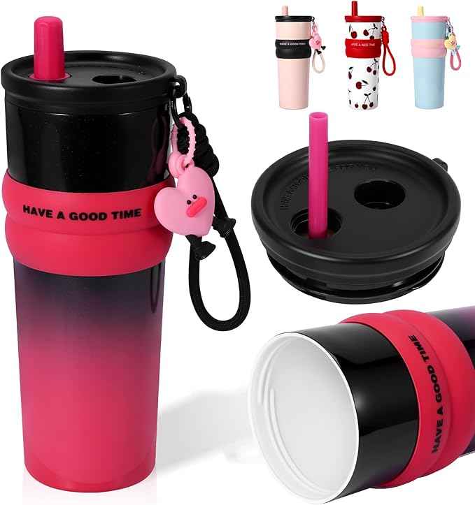 24 oz Stainless Steel Tumbler with Straw, Water Bottle Leak Proof for Hot and Cold, Pink Black Insulated Coffee Travel Mug, Ceramic Lined Tumbler, Reusable Thermal Coffee Cup Gift for Women