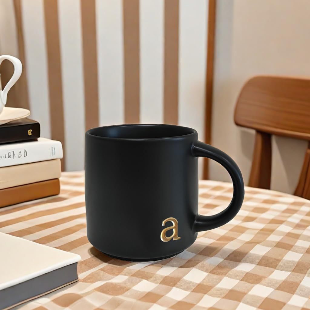 COLLECTIVE HOME - Black Monogram Ceramic Mugs, 15 oz Golden Initial Coffee Cups, Elegant Alphabet Tea Mugs, Personalized Halloween Mug with Gift Box, Perfect for Office and Home Décor (a)