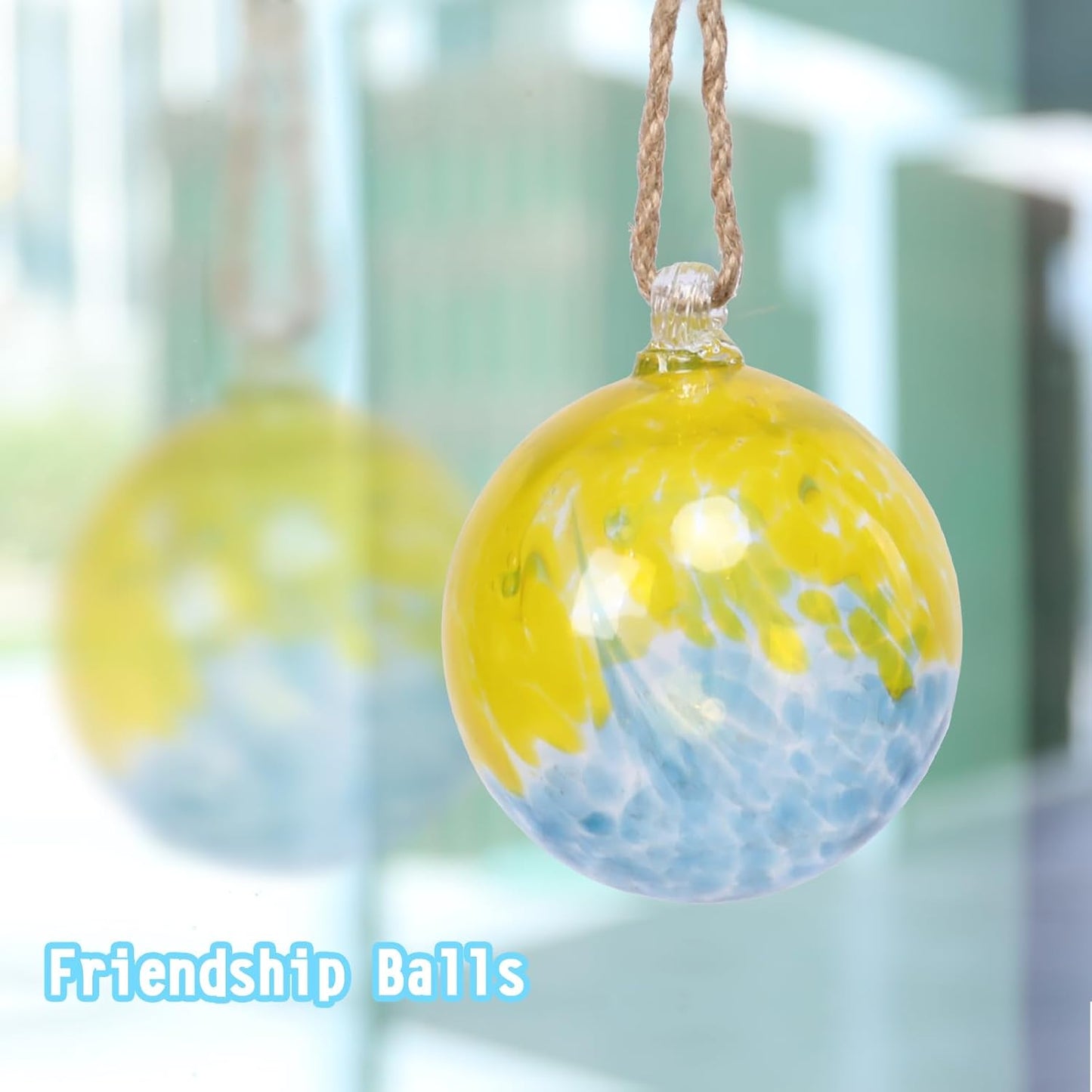 VCUTEKA Hanging Garden Gazing Ball, Hand-Blown Glass Witch Ball for Outdoor Garden Décor, 6" Blue Yellow Swirl