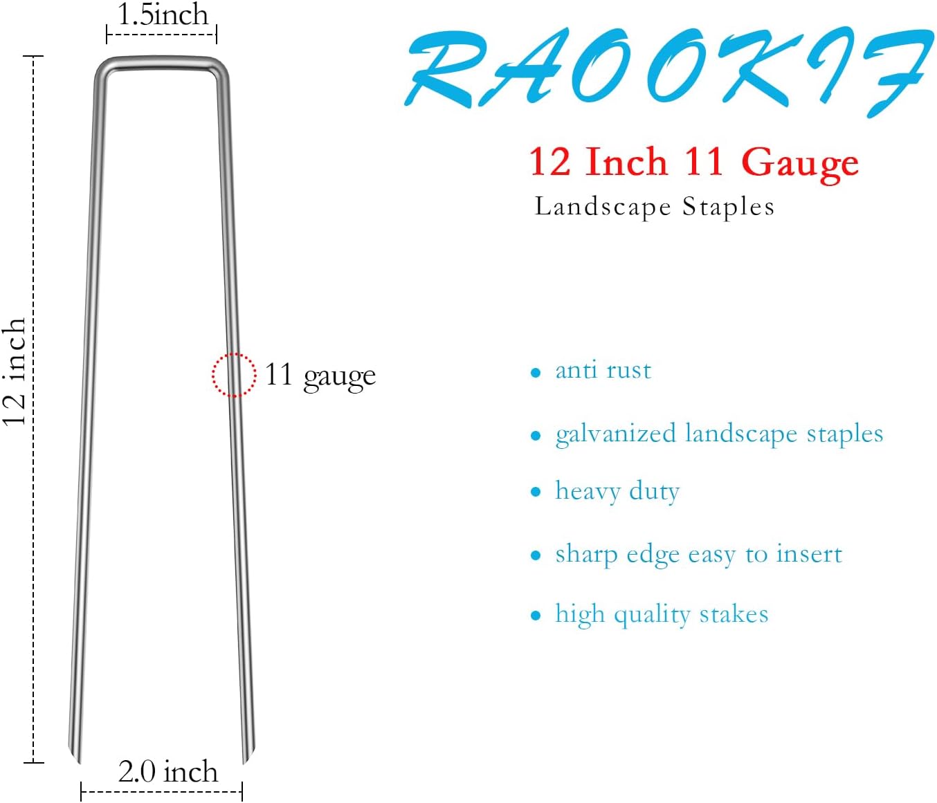 RAOOKIF 12 Inch Galvanized Garden Landscape Staples, 20/50/100/200Pcs Garden Metal Stakes, 11 Gauge Heavy Duty Ground Stakes for Decoration, Fence, Lawn, Fabric Pins