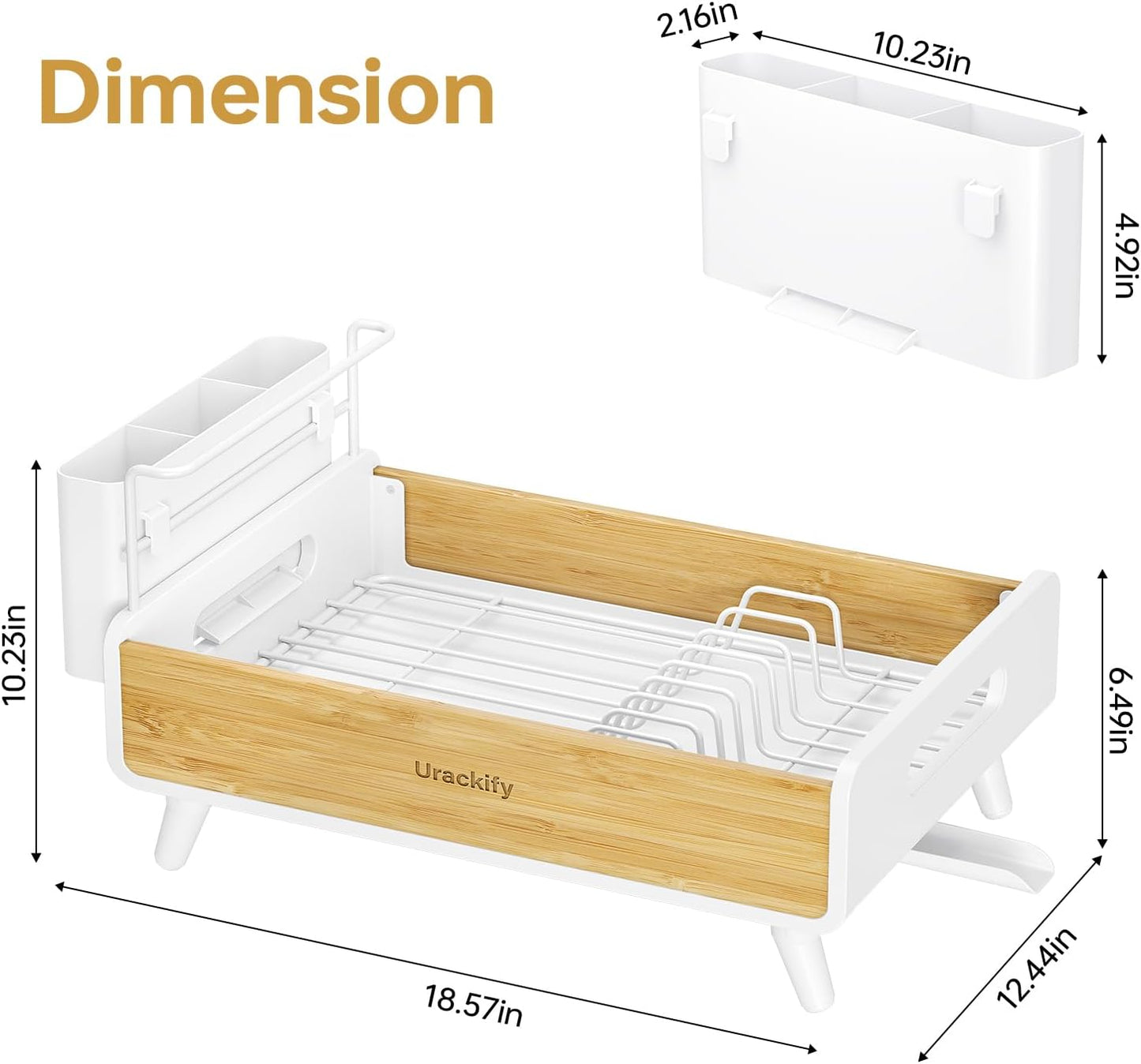 Urackify Dish Drying Rack for Kitchen Counter - Stainless Steel & Bamboo Dish Rack with Large Removable Utensil Holder, Dish Drainer with Adjustable Automatic Spout, White