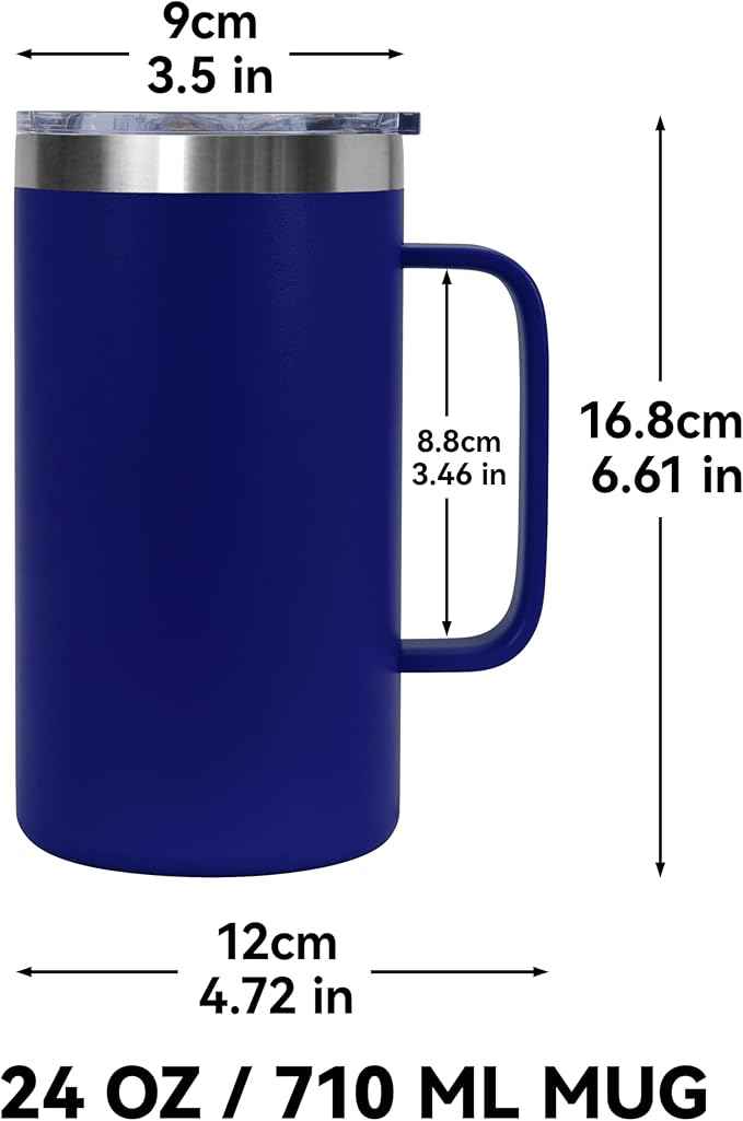 DOMICARE 24oz Mug with Handle and Lid, Stainless Steel Coffee Mug, Travel Mug with Handle, Double Wall Vacuum Coffee Tumbler, Reusable Insulated Cup, Dark Blue, Pack 8