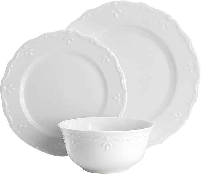 Elama Henryi 18 Piece Embossed Rim Detail Porcelain White Dinnerware Set, Tableware Set, Serveware (18 Piece)