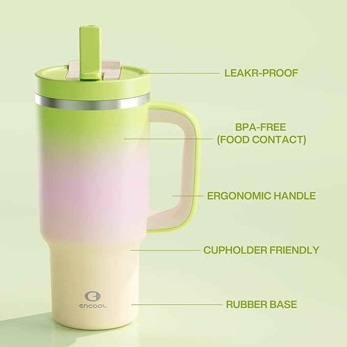 ENCOOL 32 oz Tumbler with Handle and Straw: Stainless Steel Insulated Tumbler Keeps Cold for 24 Hours, Leakproof Travel Cup Fits in Cup Holder and BPA-Free, Morning Dew
