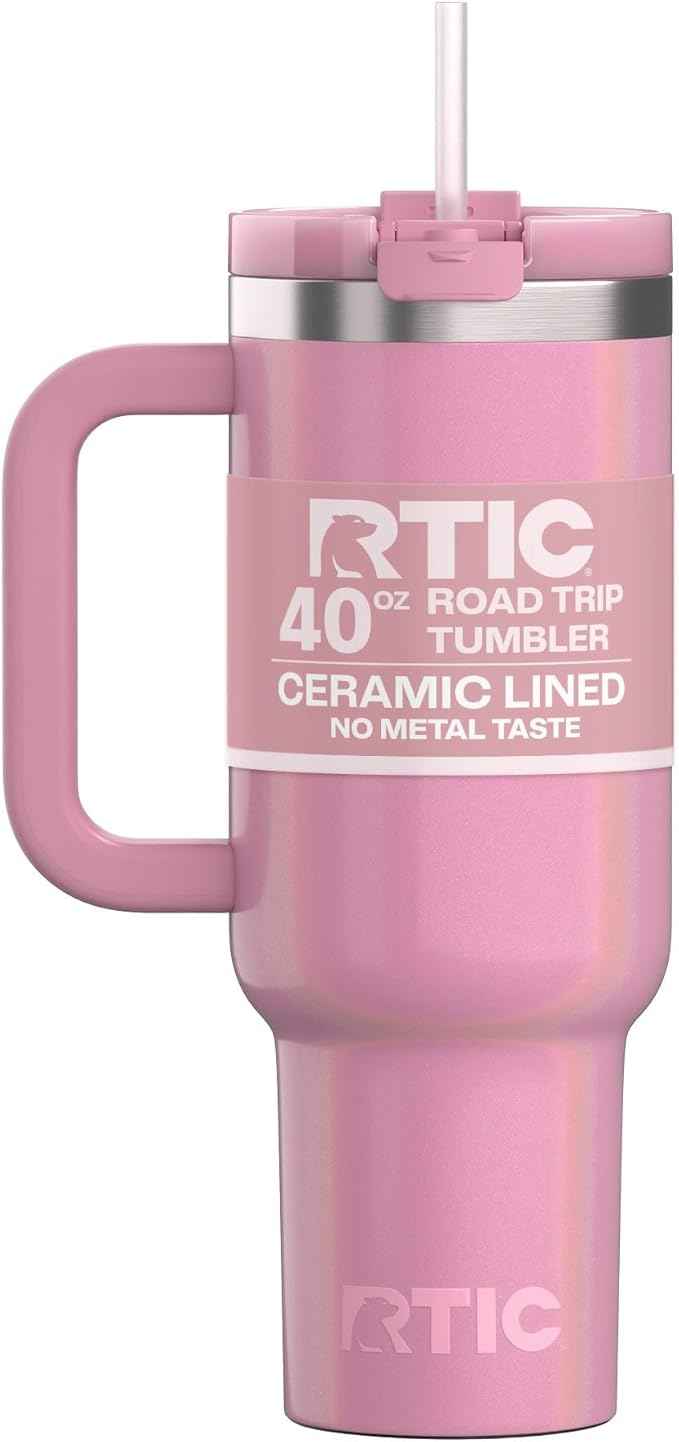 RTIC 40 oz Road Trip Tumbler Double-Walled Cermaic Lined Insulated Stainless Steel Portable Travel Coffee Mug Cup with Lid, Handle and Straw, Dusty Rose Glitter