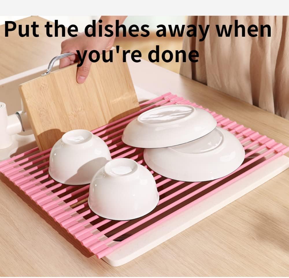 BeyondNice Roll Up Dish Drying Rack, Sink Drying Rack Over Sink Dish Drying Rack Stainless Steel Foldable Drain Rack for Kitchen Sink Counter Utensils Vegetables and Fruits (Large, Black)