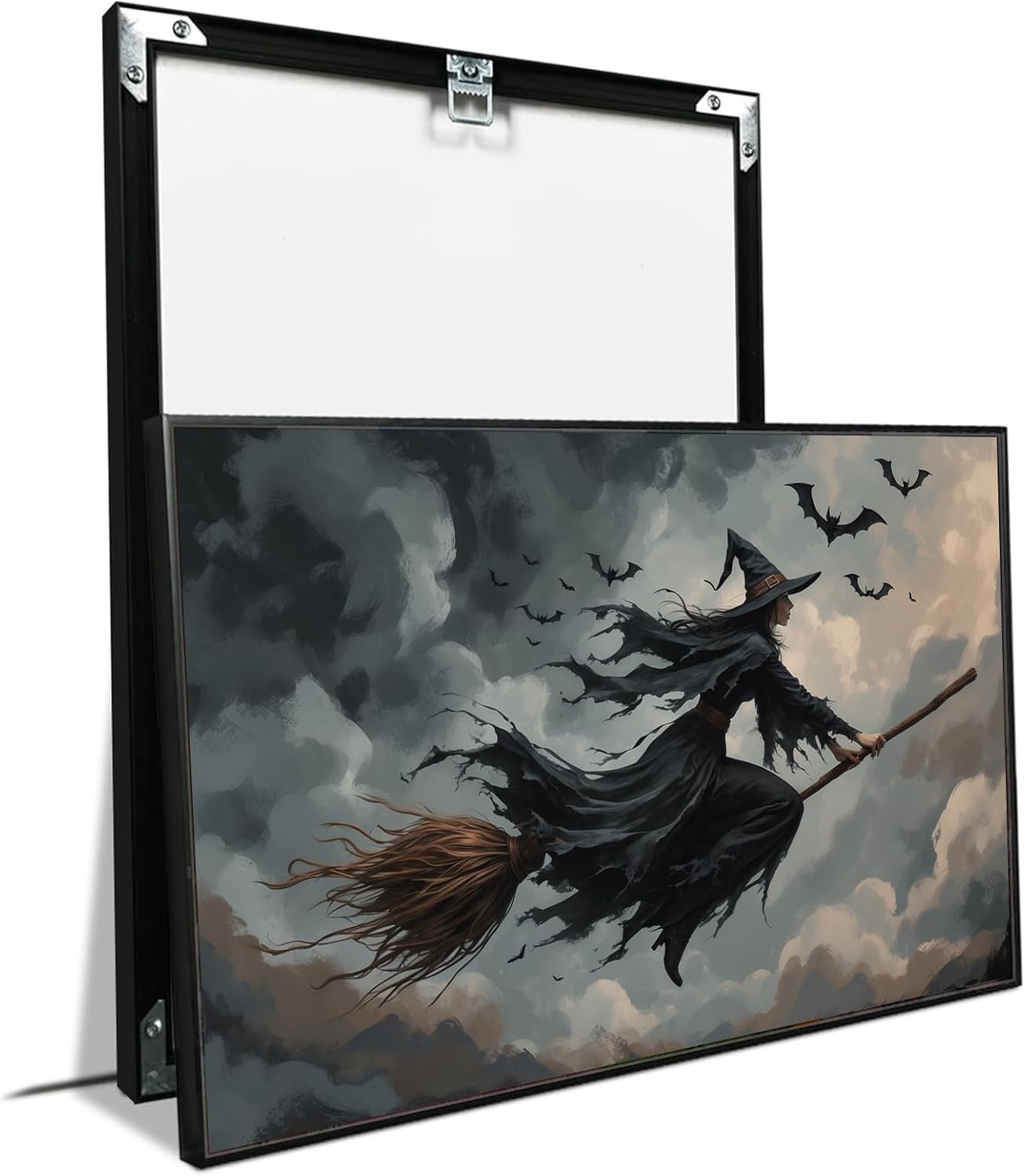 JFHCQJPK Witch and bat flying Halloween poster suitable for home party wall decoration retro Halloween preppy style wall art canvas print suitable for room decoration16x24in Metal blackFramed