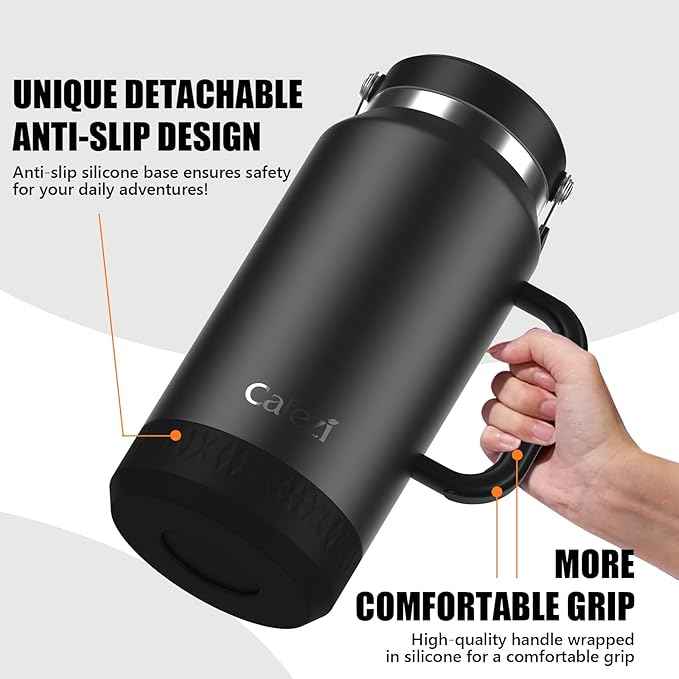64oz Stainless Steel Water Bottle with Flip Straw - Leak-Proof, Sweat-Free, Top and Side Handle, Anti-Slip Base, Iced for 34 Hours, Dishwasher Safe - Water Jug for Sports Events, Beach Days