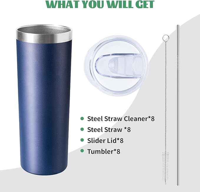20 oz Skinny Tumbler with Lid and Straw,Stainless Steel Vacuum Insulated Tumbler Cup Double Wall Leak-proof Coffee Mug,Travel Thermal Water Tumbler for Home,Office,Outdoor(Navy Blue,8)