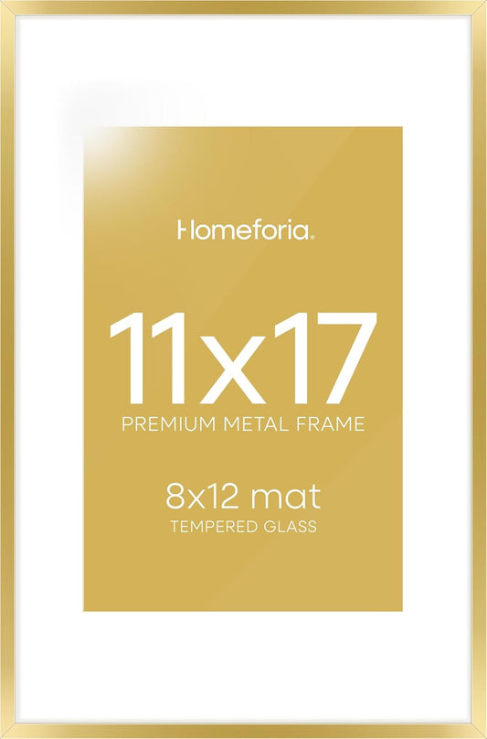 Homeforia 11x17 Picture Frame Gold, High End Metal 11x17 Poster Frames with Mat 8x12 for Photo, 11 x 17 Gold Frame Matted to 8 by 12 Print, 17x11 Thin Hanging Frame, Tempered Glass, Wall Kit, Set of 1