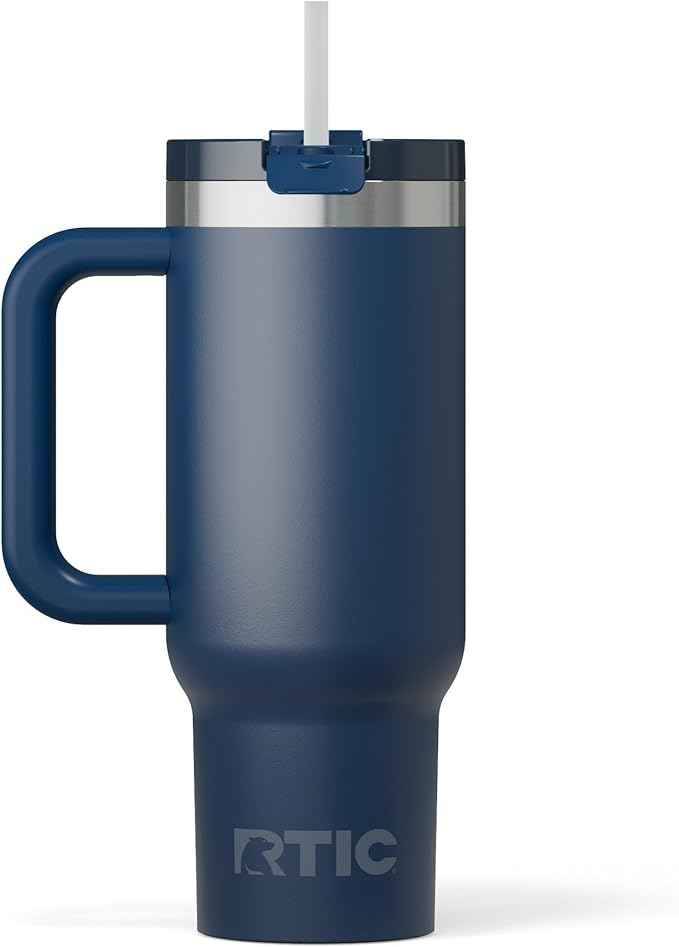 RTIC 30 oz Road Trip Tumbler Double-Walled Ceramic Lined InsulatedStainless Steel Portable Travel Coffee Mug Cup with Lid, Handle and Straw, Navy