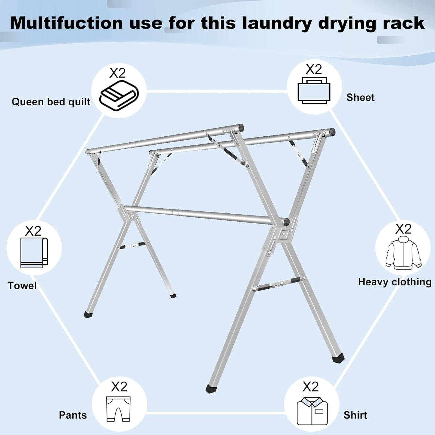 Sillars Clothes Drying Rack, 63 inches Laundry Drying Rack Clothing Foldable & Collapsible Stainless Steel Heavy Duty Clothing Drying Rack with Windproof Hooks for Indoor Outdoor