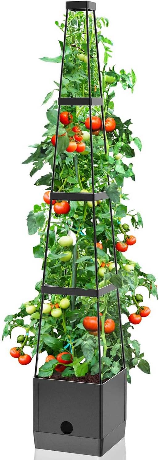 Raised Garden Bed Planter Boxes & Trellis, vanpein Tomato Cage & Planter Pot Outdoor 59" Plant Support with Self Watering for Climbing Vegetable Flowers Vines Plants, Gray