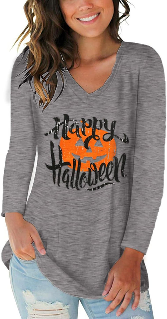 Tobrief Women's Long Sleeve V-Neck Shirts Fall Graphic Tees Loose Casual T-Shirt