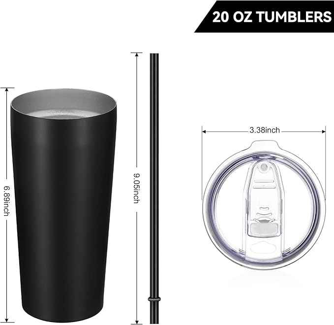 VEGOND 20oz Tumbler Bulk with Lid and Straw 6 Pack, Stainless Steel Vacuum Insulated Tumbler, Double Wall Coffee Cup Travel Mug, Black