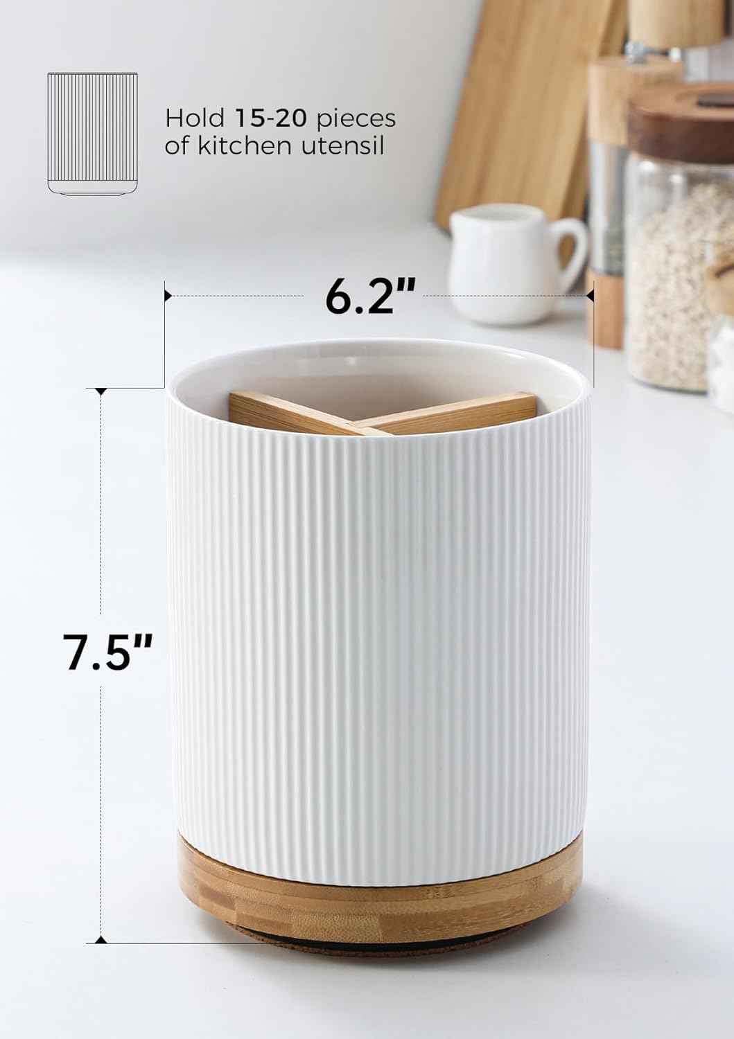 LoeJan 7.5" Utensil Holder, 3 Compartment Ceramic Kitchen Utensil Holder with Cork Bottom, Large Utensil Crock for Countertop, Cooking Tool Organizer Set for Kitchen Counter(White,Vertical Stripe)