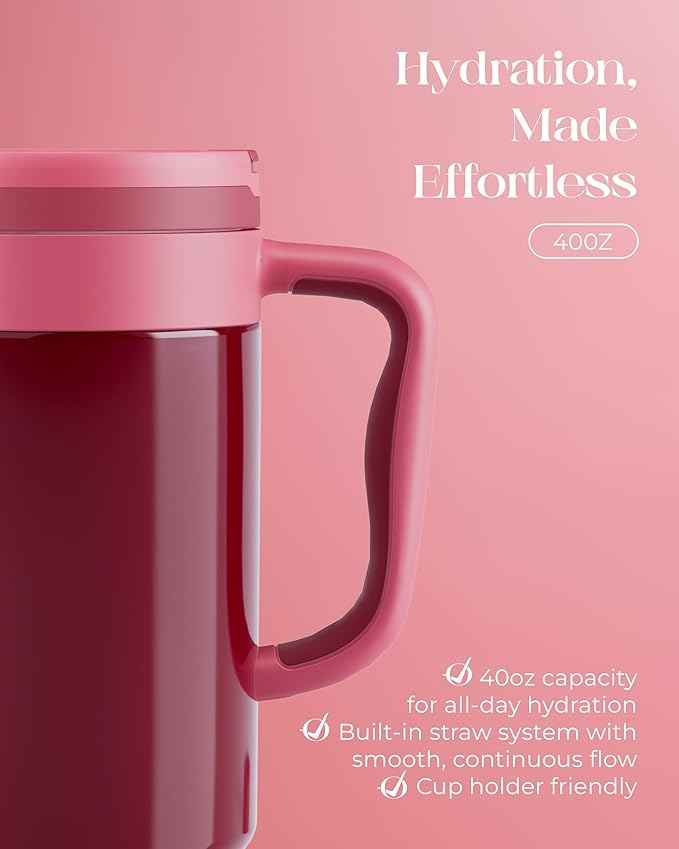 40 oz Insulated Tumbler with Handle and Push-Button Straw Lid, Stainless Steel Travel Cup for Gym Office, Leakproof, BPA-Free, Cup Holder Friendly, Bow Silicone Boot, Red (Wine Burgundy)