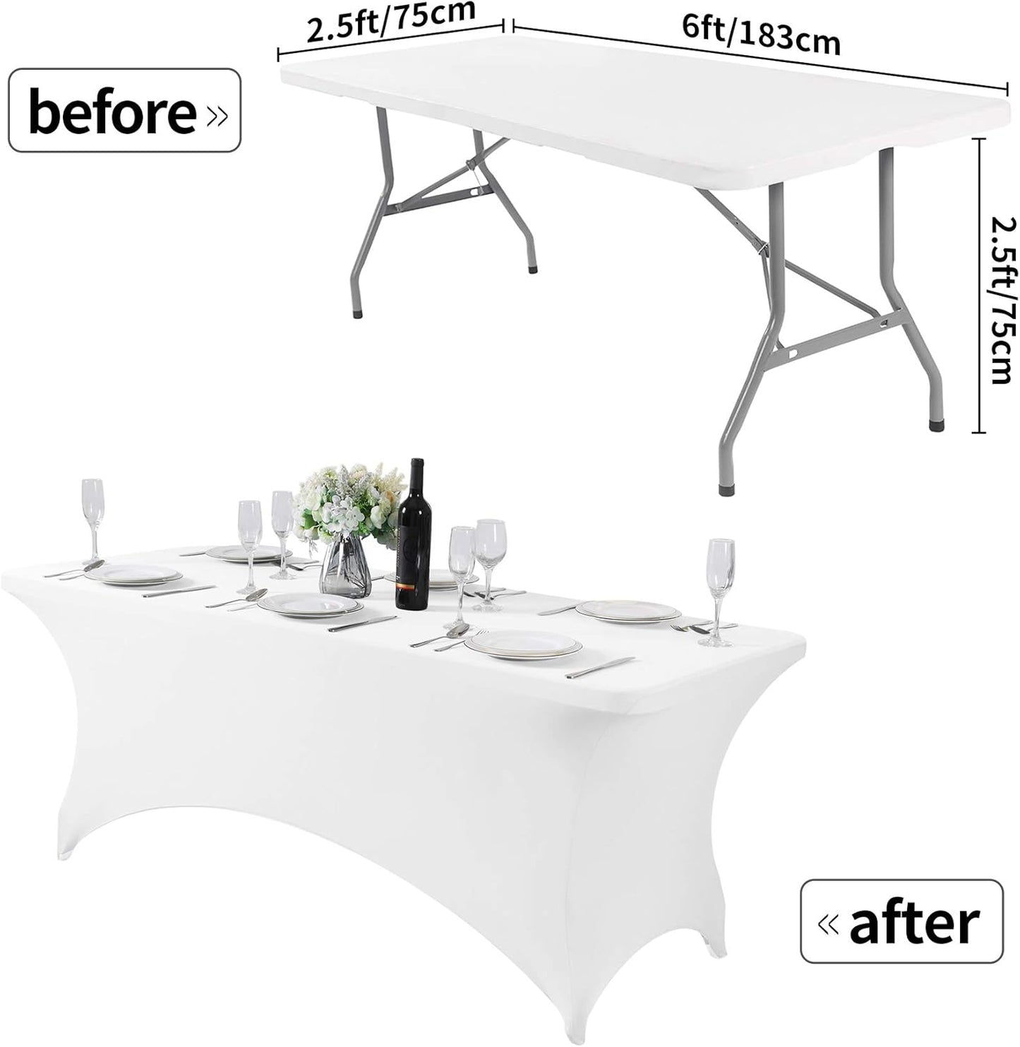 Spandex Table Cover for 6Ft or 4fT or 8ft Table Universal Fitted Stretch Tablecloth for Party, Banquet, Wedding and Events-White