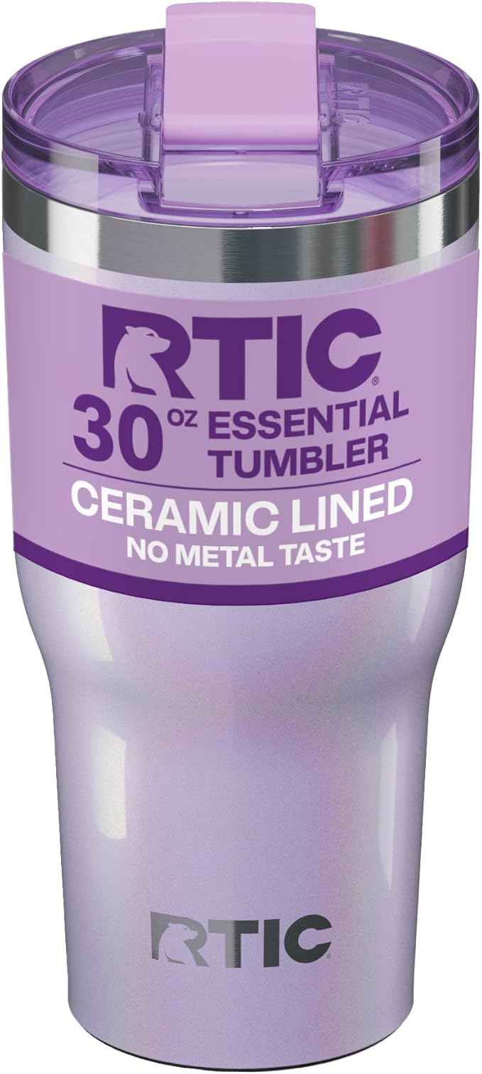 RTIC 30oz Essential Tumbler with Lid, Ceramic Lined, Insulated, Stainless Steel, Metal, Double Wall Vacuum-Insulation, Travel Cup for Iced Coffee, Tea, Hot and Cold Drink, Lavender Glitter