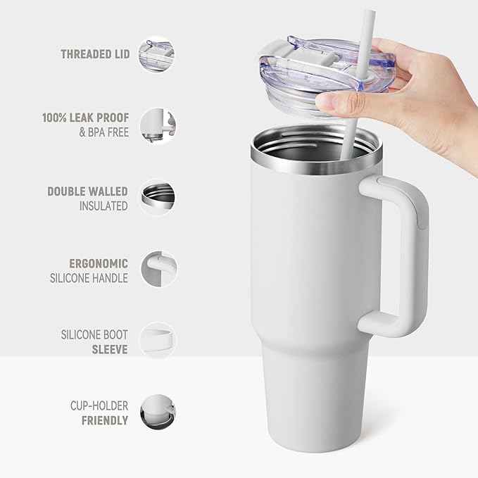 COKTIK 40 oz Tumbler With Handle and Straw, Insulated Tumbler With Leakproof Lids, Stainless Steel|BPA-Free, Cold for 24 H (Grey)