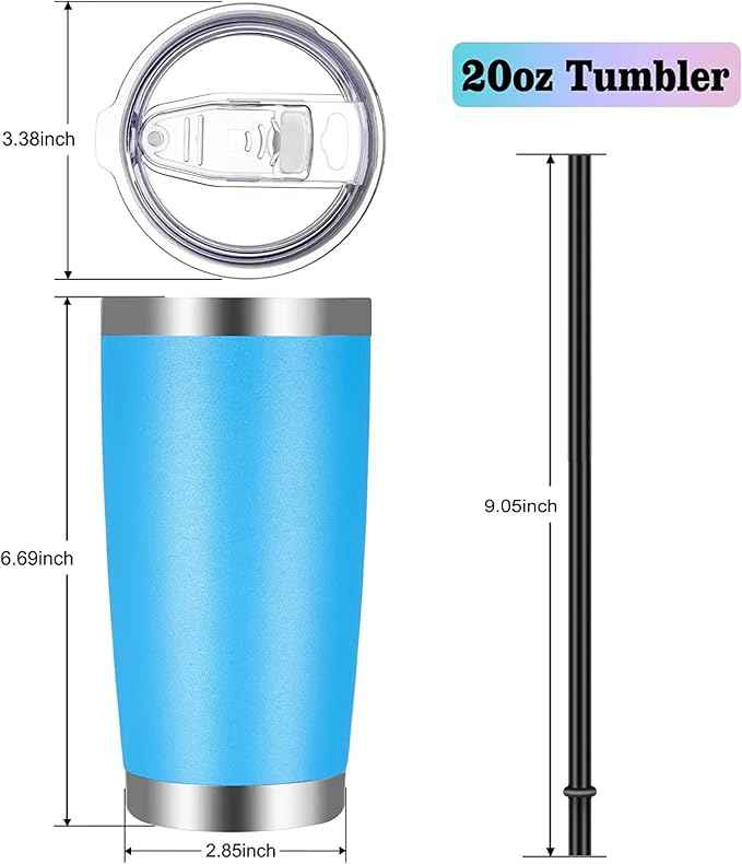 VEGOND 20oz Tumbler with Lid and Straw Stainless Steel Tumbler Cup Bulk Vacuum Insulated Double Wall Travel Coffee Mug Powder Coated Coffee Cup, Sky Blue, 6 Pack