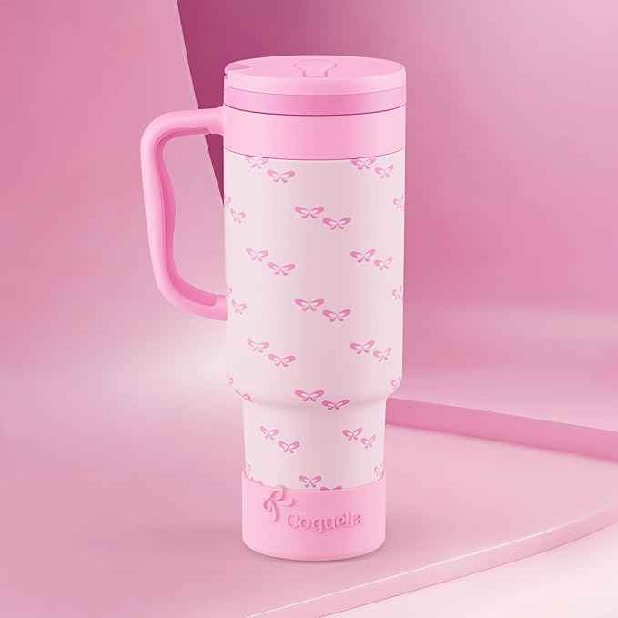 40 oz Insulated Tumbler with Handle and Push-Button Straw Lid, Stainless Steel Travel Cup for Gym Office Leakproof, BPA-Free, Cup Holder Friendly, Bow Silicone Boot, Pink (Coquette Bubblegum)
