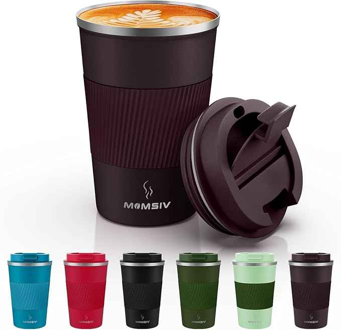 MOMSIV 12oz Travel Mug, Insulated Coffee Cup with Leakproof Lid, Vacuum Stainless Steel Double Walled Reusable Tumbler for Hot and Cold Water Coffee and Tea In Travel and Car (Brown)
