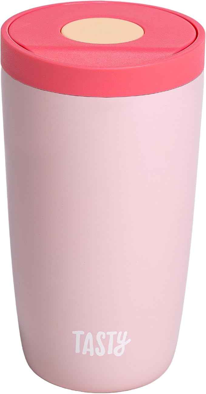Tasty 12oz Insulated Stainless Steel Push Mug, Leak-Proof Lid with One-Hand Open/Close Button, Travel Coffee Cup, Double Wall Vacuum Flask, Pink
