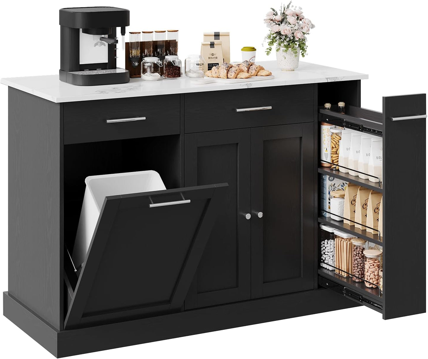 4 EVER WINNER Kitchen Island with Storage, Kitchen Island Cart on Wheels with Trash Can Cabinet, Spice Rack & Towel Rack, Kitchen Island Table with Faux Marble Countertop, Black