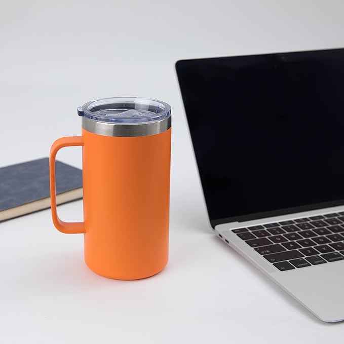 DOMICARE 24oz Mug with Handle and Lid, Stainless Steel Coffee Mug, Travel Mug with Handle, Double Wall Vacuum Coffee Tumbler, Reusable Insulated Cup, Orange, Pack 8
