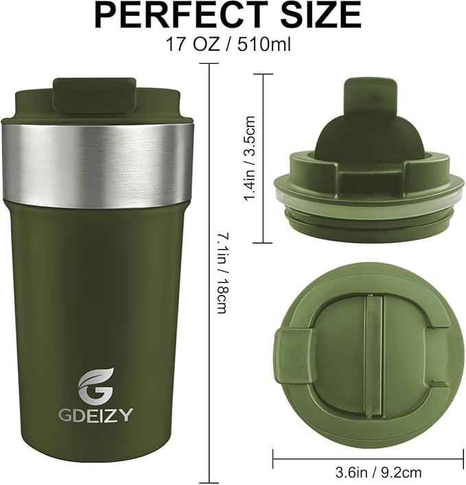 17oz Double Wall Stainless Steel Vacuum Insulated Travel Mug, Spill-Proof & Leak-Proof Coffee Mug, BPA-Free Reusable Coffee Cup for Hot & Cold Drinks, Black (Green)